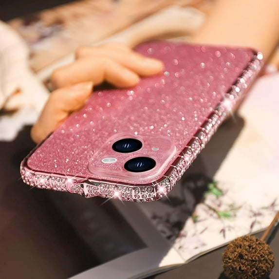 for iPhone 14 Bling Glitter Case for Women Cute Diamond Rhinestone with Shiny Sparkly Acrylic Sticker Back Plating Metal Bumper Frame Edge Protective Cover Girly Fashion Luxury Case Rose Gold