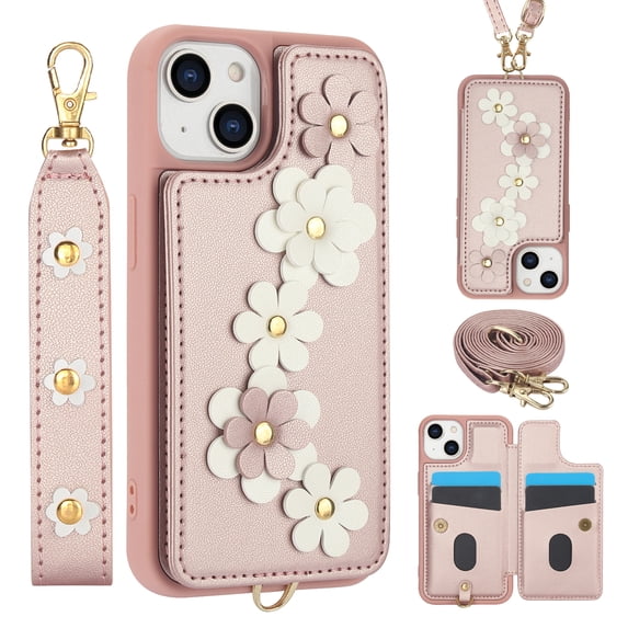 for iPhone 14 Card Slots Back Case with Magnetic Snap Shoulder Strap & Wrist Strap Kickstand, 3D Flower Decoration for Girls Elegant Phone Case Cover for iPhone 14, Rosegold