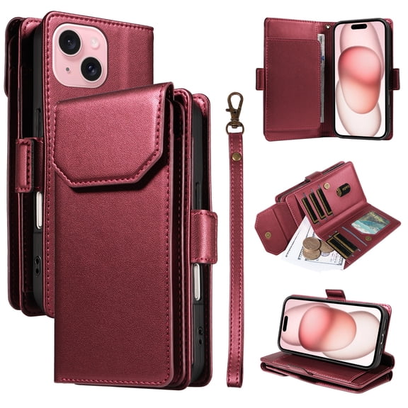 for iPhone 14 Case with 11 Card Slots & 2 Cash Pockets for Woman Man,PU Leather Flip Kickstand Folio [RFID Blocking] Wallet Case, Wrist Strap Magnetic Clasp Protective Cover,Red