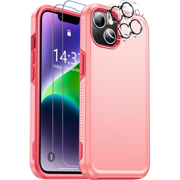 for iPhone 14 Case, [15 FT Military Grade Drop Protection][Tempered Glass Screen Protector][Tempered Camera Lens Protector] Heavy Duty Shockproof Case, Pink