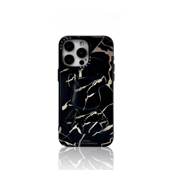 For iPhone 14 Case, 3D Bear with Marble Print Phone Case, Stylish Protective Cover Compatible with Precise Cutouts, Shockproof and Anti-Slip Silicone Design for Enhanced Safety, White/Black