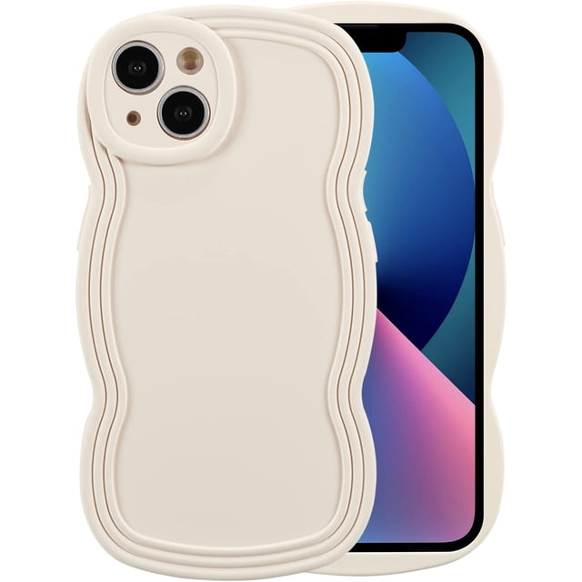for iPhone 14 Case 6.1 Inch Curly Wave Frame Phone Case Cute Design Color Aesthetic Phone Case Soft TPU Shockproof Protective Bumper Case Cover for Girls, Beige