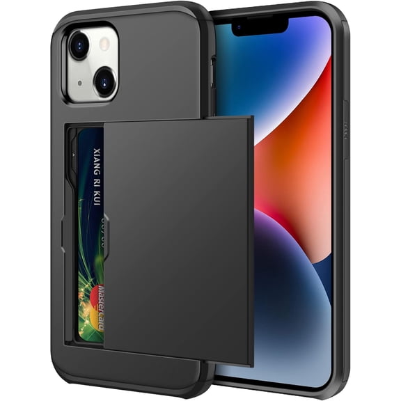 for iPhone 14 Case 6.1 Inch iPhone 14 Wallet Case Card Holder Hidden Pocket Sliding Door Heavy Duty Dual Layer Hard PC Soft Rubber Bumper Protective Phone Case for iPhone 14 Black
