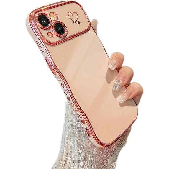 for iPhone 14 Case 6.1 inch,Cute Curly Wave Frame Case with Love Heart Pattern,Luxury Plating Edge Full Camera Protection Shockproof Phone Case for Women Girls-Pink