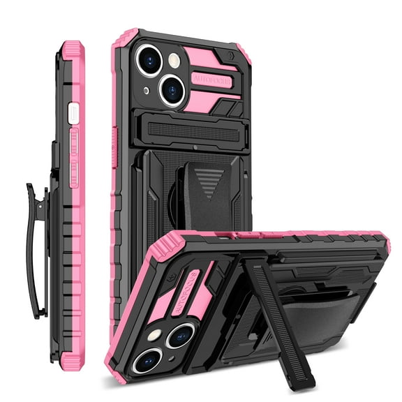 For iPhone 14 Case with Belt Clip Holster, Heavy Duty Military Grade Drop Protective, 360° Rotating Kickstand Shockproof TPU Shell Durable Rugged Cover For iPhone 14, Pink