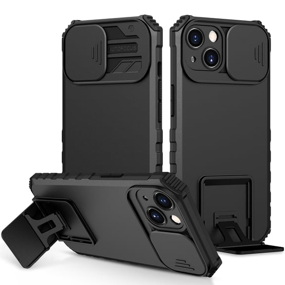 for iPhone 14 Case with Camera Lens Slide Protection, Armour Silicone TPU Bumper Tough PC Cover with Kickstand, Military Shockproof Absorption Protective Case for iPhone 14,
Black