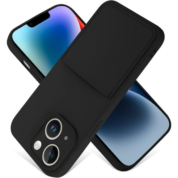 iPhone 14 Case Card Holder Black Liquid Silicone Soft Screen Protector Cover Shockproof Anti Scratch Microfiber Lining Full Body Protection Shell
