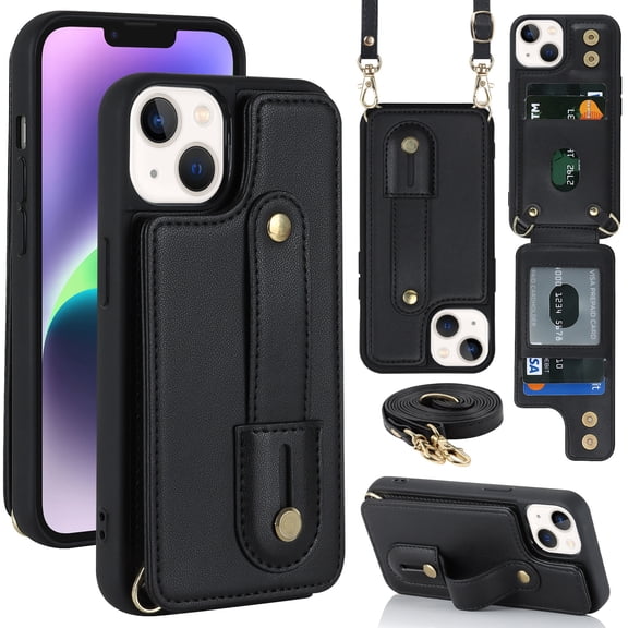 for iPhone 14 Case with Card Holder Crossbody Lanyard Strap Leather Wallet Case with Magnetic Clasp Kickstand Heavy Duty Protective Back Flip Phone Cover for Women,Black