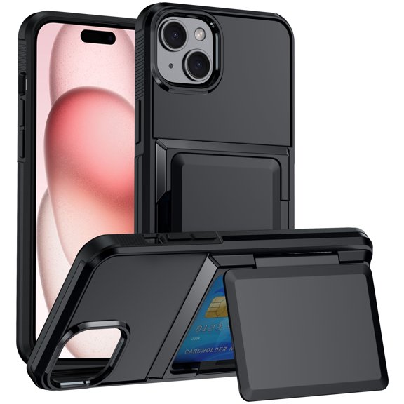 For iPhone 14 Case with Card Holder Heavy Duty Protective Kickstand Dual Layer Shockproof Hidden Card Slot Slim Wallet Military Protection Rugged Case for iPhone 14,Black