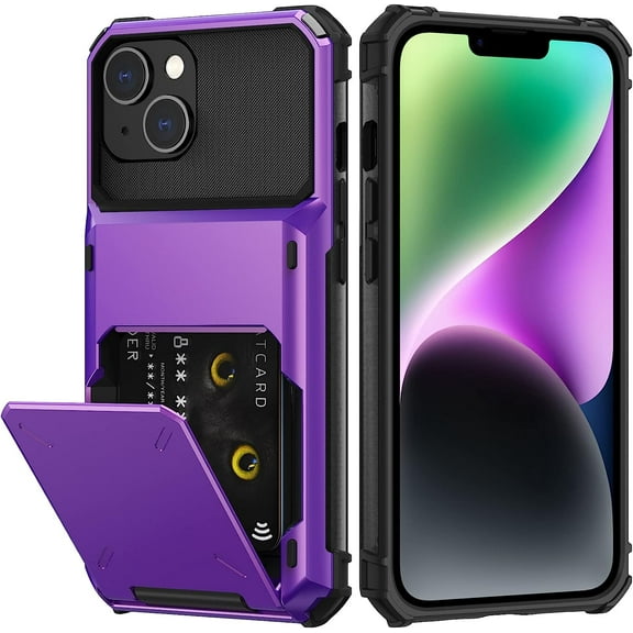 for iPhone 14 Case with Card Holder[Store 5 Cards] Dual Layer Heavy Duty Shockproof iPhone 14 Wallet Case with Hidden Card Slot Large Storage Case for iPhone 14(Purple)