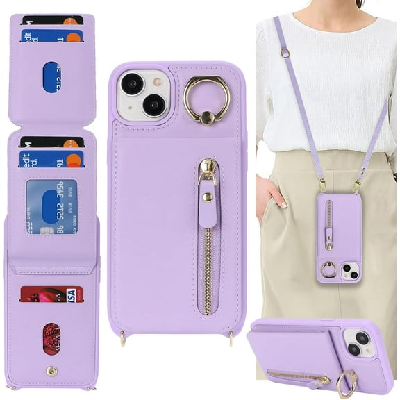 iPhone 14 Case with Card Holder for Women, iPhone 14 Phone Case Wallet with Strap Credit Card Slots Crossbody with Kickstand Zipper Case for iPhone14 - Purple