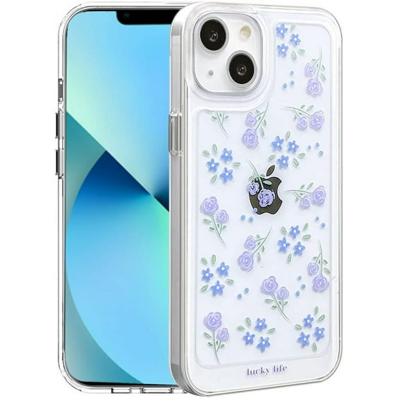 for iPhone 14 Case Clear with Design Flower Cute Protective Aesthetic Transparent Purple Rose Floral Pattern Women Girls Kawaii Sturdy Cool Phone Case Cover for iPhone 14 6.1 inch