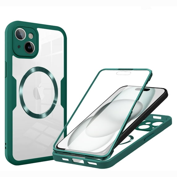 for iPhone 14 Case Clear, Magnetic Case with Screen Protector, Compatible with MagSafe, Not Yellowing Shockproof Full Body Protection Slim Transparent Phone Case for iPhone 14, Darkgreen