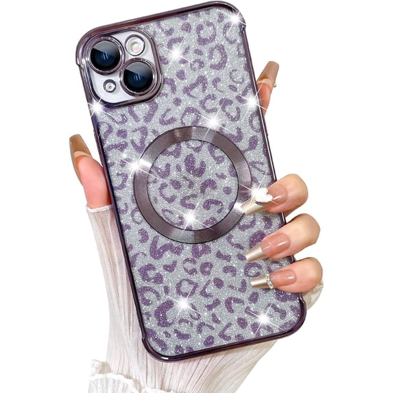 for iPhone 14 Case,Compatible with MagSafe Cheetah Print Plating Cameratection Clear Phone Case, Glitter Leopard Print for Women Girls Phone Case 6.1"-Purple