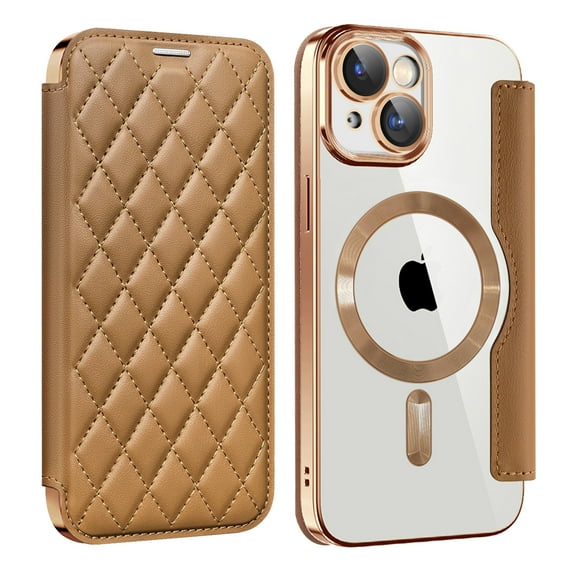 for iPhone 14 Case Compatible with Magsafe, Slim Fit Flip Protective PU Leather Wallet Case with RFID Blocking Card Slot Build-in Len Protector for iPhone 14, Brown