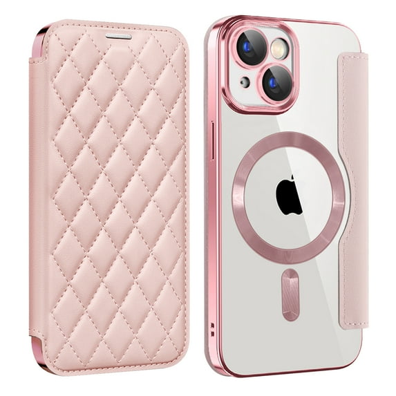 for iPhone 14 Case Compatible with Magsafe, Slim Fit Flip Protective PU Leather Wallet Case with RFID Blocking Card Slot Build-in Len Protector for iPhone 14, Pink