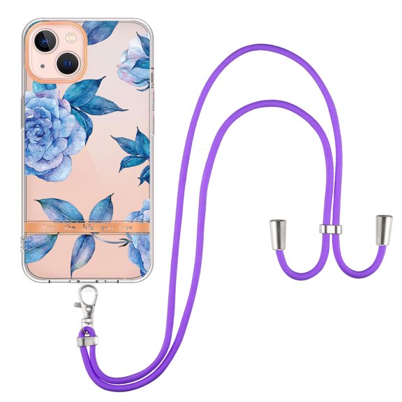 For iPhone 14 Case with Crossbody Lanyard, Cute Flower Patterned Shockproof Cover with Hybrid Soft Crystal TPU Bumper, Adjustable Shoulder Neck Girls Women For iPhone 14,Blue Peony