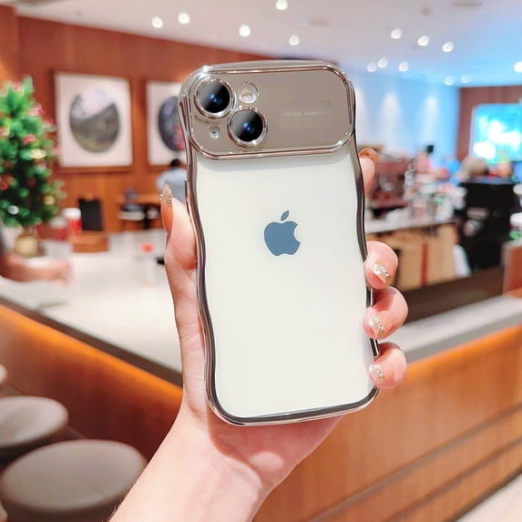 for iPhone 14 Case Curly Wave Design Edge Plating Shiny Case Cute Clear Transparent Camera Lens Full Protection Soft TPU Shockproof Phone Cover for iPhone 14 Women Girls, Silver