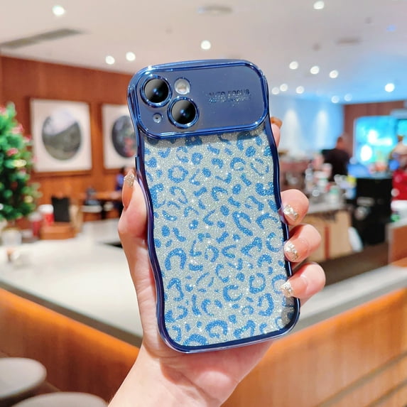 for iPhone 14 Case Curly Wave Frame Leopard Glitter Bling Shiny Design Transparent Clear Sequin Anti-fall Shockproof Protective Rugged Phone Case Cover for Women Girls,Blue