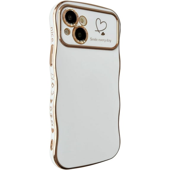for iPhone 14 Case,Curly Wavy Grip Design Plated Love Heart Luxury Phone Case, Full Camera Lens Protection Fun Cute Side Small Pattern Electroplate Slim Soft Wave Case for iPhone 14,White