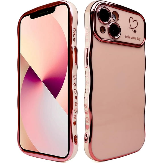 for iPhone 14 Case,Curly Wavy Grip Design Plated Love Heart Luxury Phone Case, Full Camera Lens Protection Fun Cute Side Small Pattern Electroplate Slim Soft Wave Case for iPhone 14,Pink