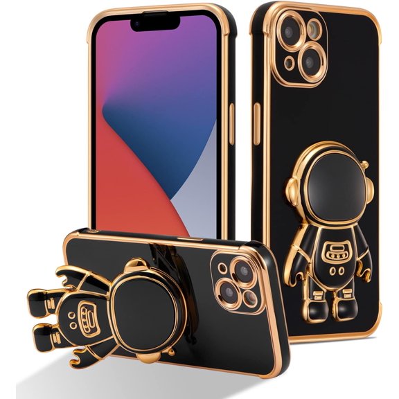 for iPhone 14 Case Cute 6D Astronaut Case with Stand Function Luxury Plating Case Cover Slim Fit Soft TPU Shockproof Bumper Protective Electroplated Case for Girls Boys,6.1 inch,Black