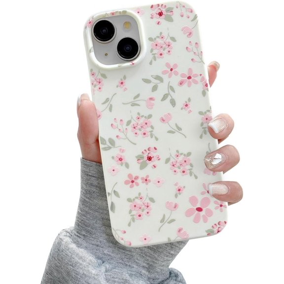 for iPhone 14 Case, Cute Pink Floral Flower Pattern Aesthetic Phone Case, Raised Camera Protection Soft Slim TPU Shockproof Protective Phone Cover for Girls Women - Pink