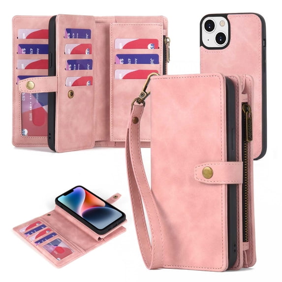 for iPhone 14 Case Detachable Wallet Zipper Rugged Case with Card Holder, 2 in 1 PU Leather Flip Folio Case with Stand Wrist Strap Shockproof Phone Cover for iPhone 14, Pink