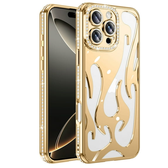 for iPhone 14 Case with Diamond Frame & Hollow-out Back, Ultra Slim Lightweight PC Protective Phone Cover, Glitter Skin-Friendly Shockproof Cooling Design, Heat Dissipation, Gold
