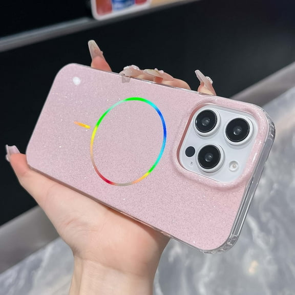 for iPhone 14 Case Glitter, Sparkly Bling Magnetic Compatible with Magsafe Anti-Scratch Slim Phone Case for Women, Girly Cute Shiny Bright TPU Frame Hard Plastic Back Cover, Pink