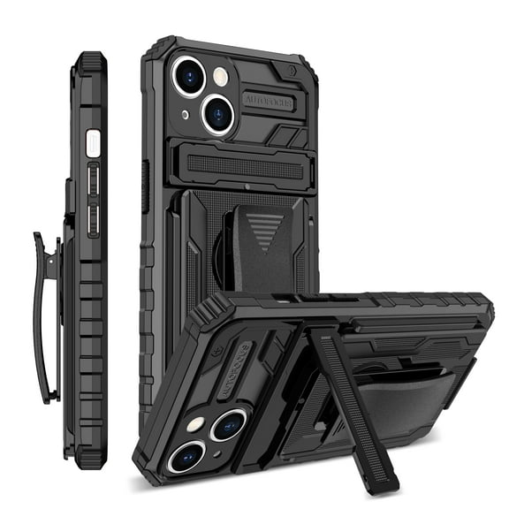 for iPhone 14 Case - Heavy Duty Phone Holster with Belt Clip | with Kickstand | Shockproof, Dual Layer Protective | Drop Protection Hybrid Case for 6.1” iPhone 14 | Black