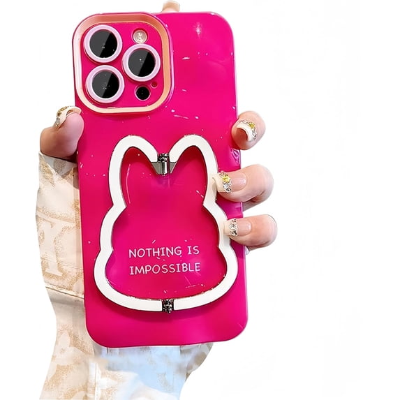 for iPhone 14 Case Luxury Shiny Fashion Women Phone Case with Rabbit Stand 3D Chrome Patterned Soft Glitter Shiny Camera Shockproof Girl Cover Phone Case-Hot Pink