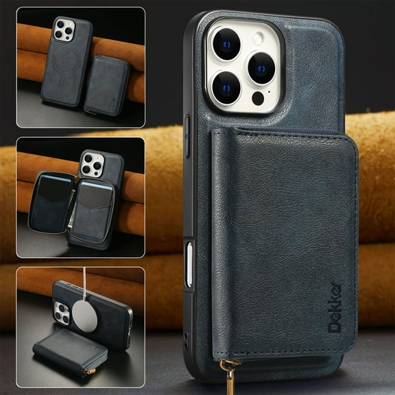 For iPhone 14 Case,[Magnetic Detachable Flip Zipper Purse][Compatible with Mag-Safe] [With Card Slots] PU Leather Kickstand Shockproof Rugged Anti-fall Phone Case Cover,Blue