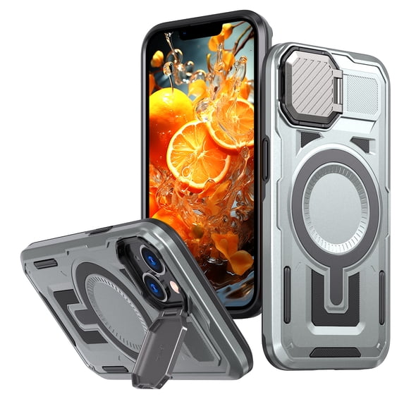 for iPhone 14 Case with Metal Camera Cover Kickstand, Compatible with MagSafe Military-Grade Protection Heavy Duty Magnetic Anti-Fall Rugged Phone Cover for iPhone 14, Gray
