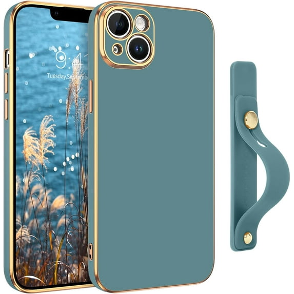 iPhone 14 Case, iPhone 14 Phone Case,Slim Fit Soft TPU with Adjustable Wristband Kickstand Plating Scratch Resistant Shockproof Protective Cover for Apple iPhone 14 6.1 Inch 2022, Blue Grey