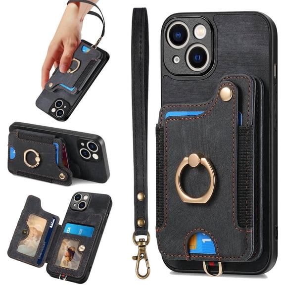 for iPhone 14 Case,Phone Case for iPhone 13,Card Holder Wallet,Ring Holder Stand,RFID-Blocking,Wrist Strap,Camera Protector,Leather Protective Magnetic Flip Cover for iPhone 13/14 (Black)