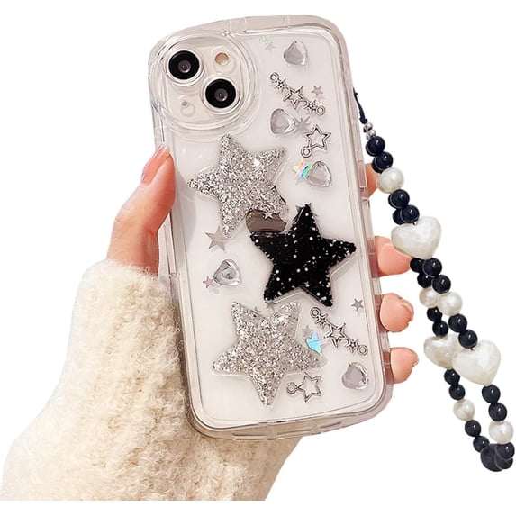 for iPhone 14 Case with Phone Charm Chain Accessories Cute 3D Sparkle Shiny Stars Rhinestone Clear Phone Case Women Girl Aesthetic Shockproof Case for iPhone 14-6.1''