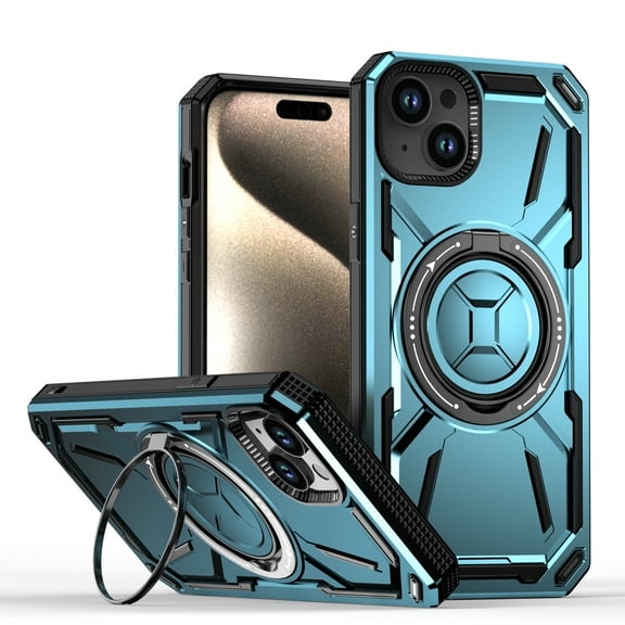 for iPhone 14 Case Protective Cover with Built-in Ring Kickstand, Heavy Duty Military Grade Drop Protection Shock-Proof Grip Durable Dual-Layer Design Cover Support Wireless Charging, Blue