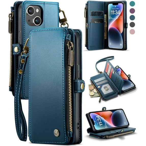 for iPhone 14 Case, RFID Blocking for iPhone 14 Wallet Case for Women Men with Credit Card Holder Slots Zipper Book Flip PU Leather Protective Cover for iPhone 14 Phone Case, Dark Blue