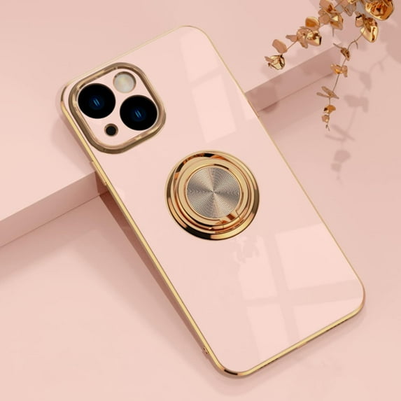 for iPhone 14 Case with Ring Holder, 360 Rotatable Magnetic Kickstand Support Car Mount Slim Shockproof for Women Men Protective Phone Case for iPhone 14, 6.1", Light Pink/Gold