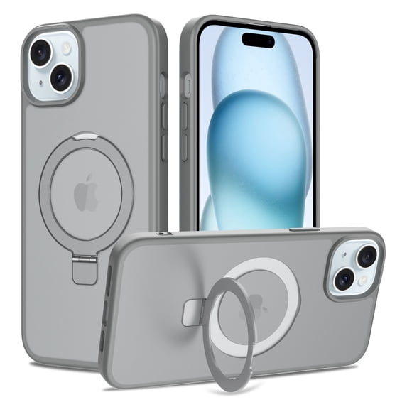 for iPhone 14 Case with Ring Kickstand, Compatible with MagSafe, Ultra Slim Lightweight Drop Protective Cover, Luxury Shockproof Anti-Scratch Translucent Back Phone Case, Gray