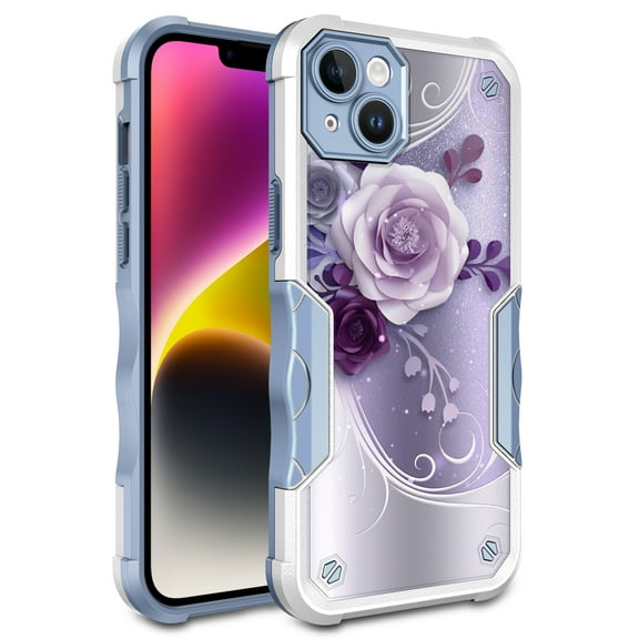 iPhone 14 Case, Rosebono Hybrid Dual Layer Graphic Design Pattern Heavy Duty Protection Case For iPhone 14 (Purple Flower)