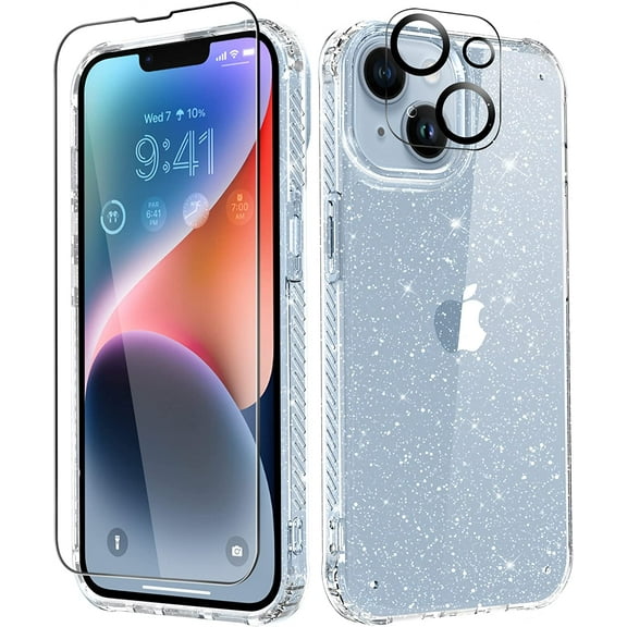 for iPhone 14 Case with Screen Protector + Camera Lens Protector, [Non-Yellowing] Clear Glitter Phone Case, [Military-Grade Protective] Shockproof Women Cover for 6.1 Inch - Sparkle Clear