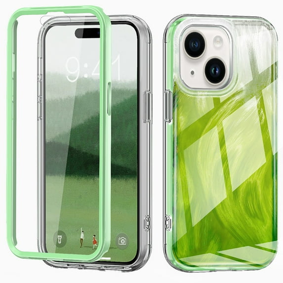 iPhone 14 Case with Screen Protector, Gradient Color Feather Pattern Full Body Shockproof Protective Anti-Scratch Drop Proof Slim Fit Phone Case for Apple iPhone 14, Green