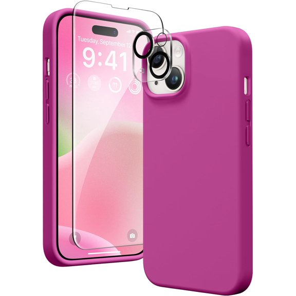 for iPhone 14 Case Silicone, with 2X Screen Protector + 2X Camera Lens Protector, [Soft Anti-Scratch Microfiber Lining], Liquid Silicone Shockproof Protective Phone Cover 6.1", Shocking Pink