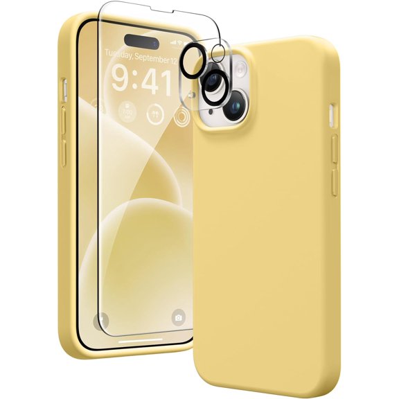 for iPhone 14 Case Silicone, with 2X Screen Protector + 2X Camera Lens Protector, [Soft Anti-Scratch Microfiber Lining], Liquid Silicone Shockproof Protective Phone Cover 6.1", Sunny