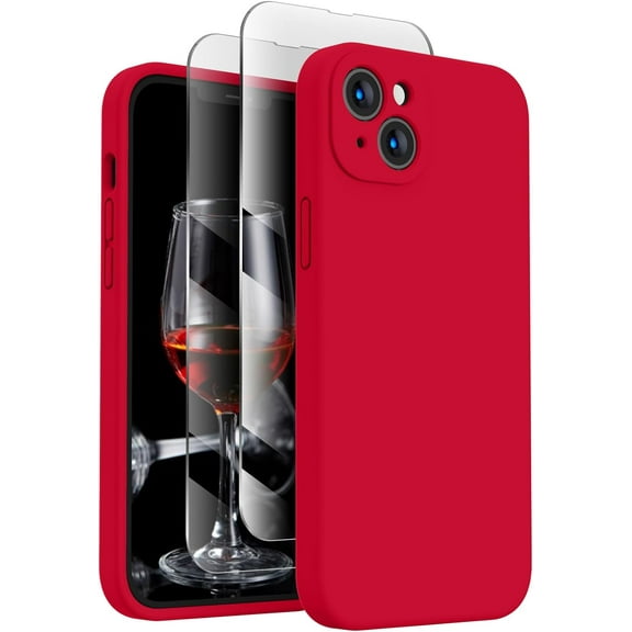 for iPhone 14 Case, Silicone Upgraded [Camera Protection] Phone Case with [2 Screen Protectors], Soft Anti-Scratch Microfiber Lining Inside, 6.1 inch, Deep Red