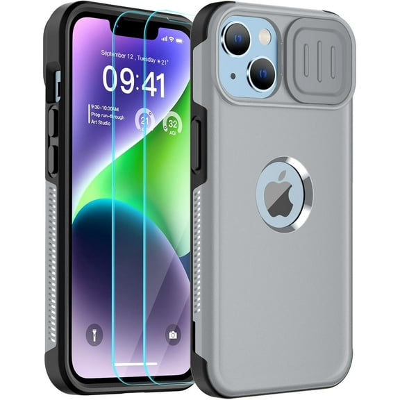 for iPhone 14 Case with Slide Camera Cover,[10 FT Military Grade Drop Protection] [2+Tempered Glass Screen Protector] Non-Slip Heavy Duty Full-Body Slim Shockproof Phone Case,Grey