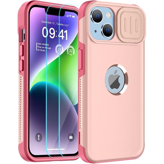 for iPhone 14 Case with Slide Camera Cover,[10 FT Military Grade Drop Protection] [2+Tempered Glass Screen Protector] Non-Slip Heavy Duty Full-Body Slim Shockproof Phone Case,Pink