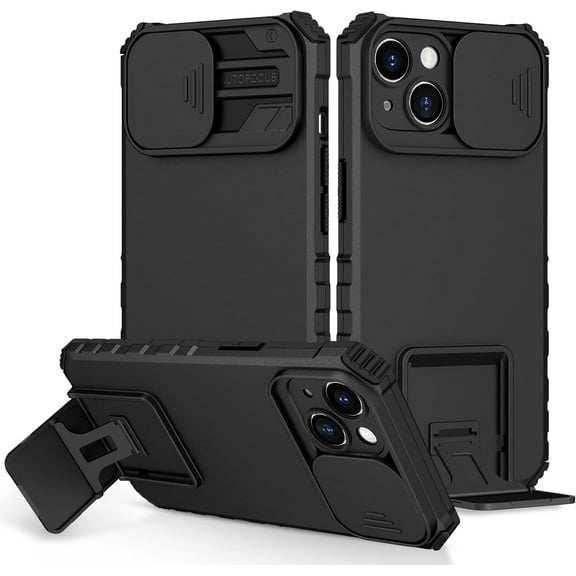 for iPhone 14 Case with Slide Camera Cover, ArmourSilicone TPU Bumper Tough PC Cover with Bulit in Kickstand, Military Shockproof Absorption Protective Cell Phone Case for iPhone 14 Black